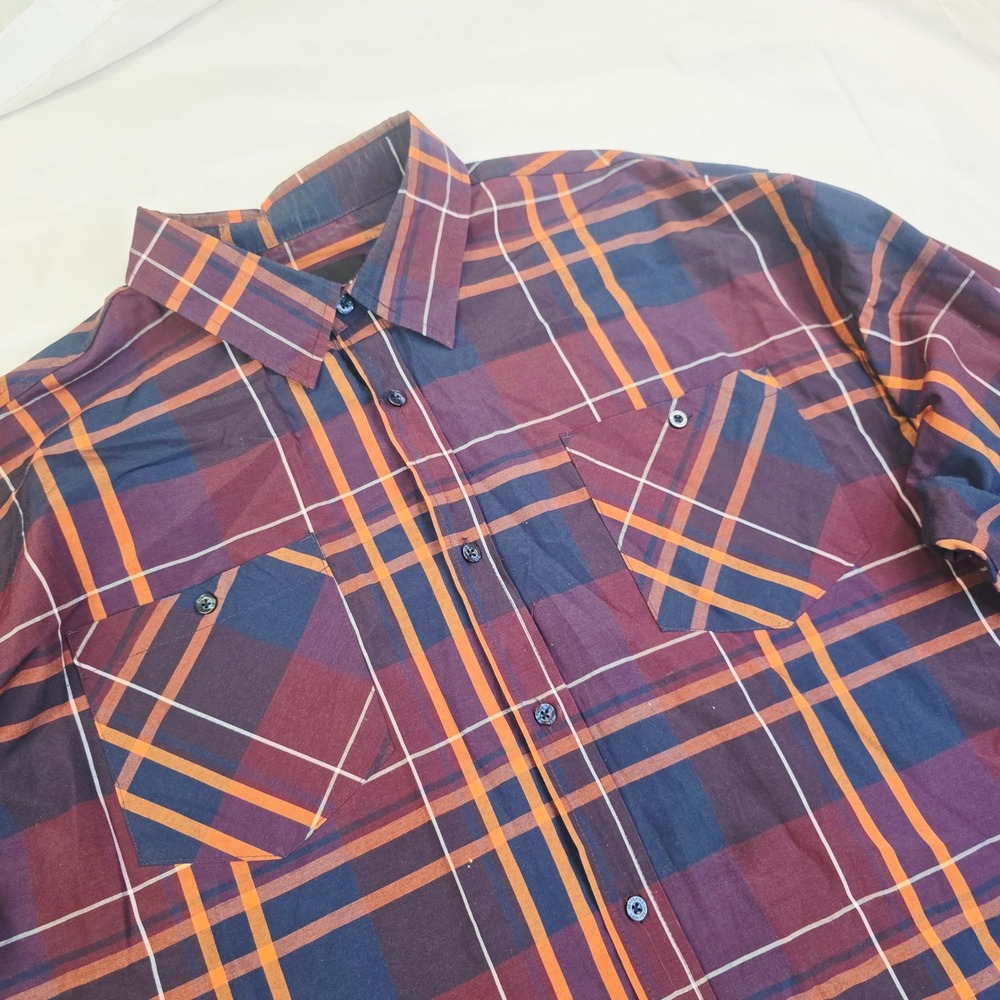Akademiks Men's 6XL Button Down Shirt Burgundy Blue Orange Plaid Long Sleeve Q33